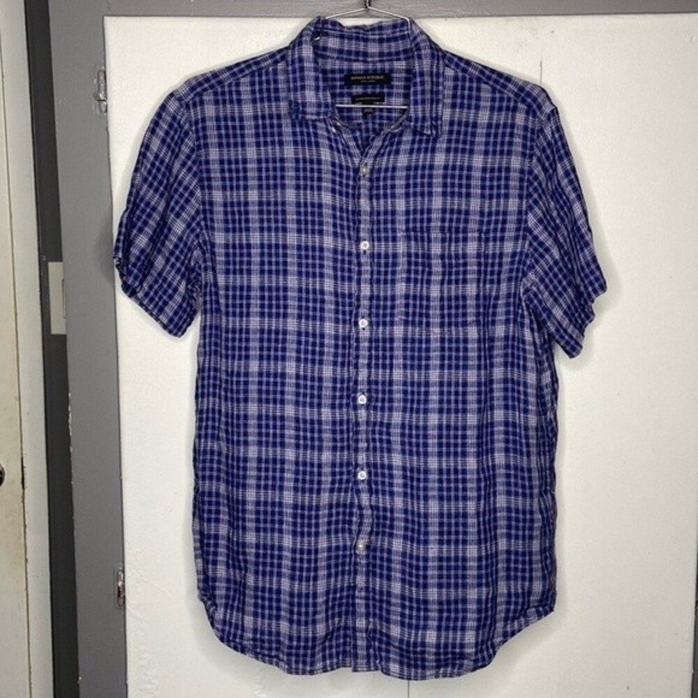 Banana Republic Mens Camden Linen Short Sleeve Shirt Medium Blue Check Plaid